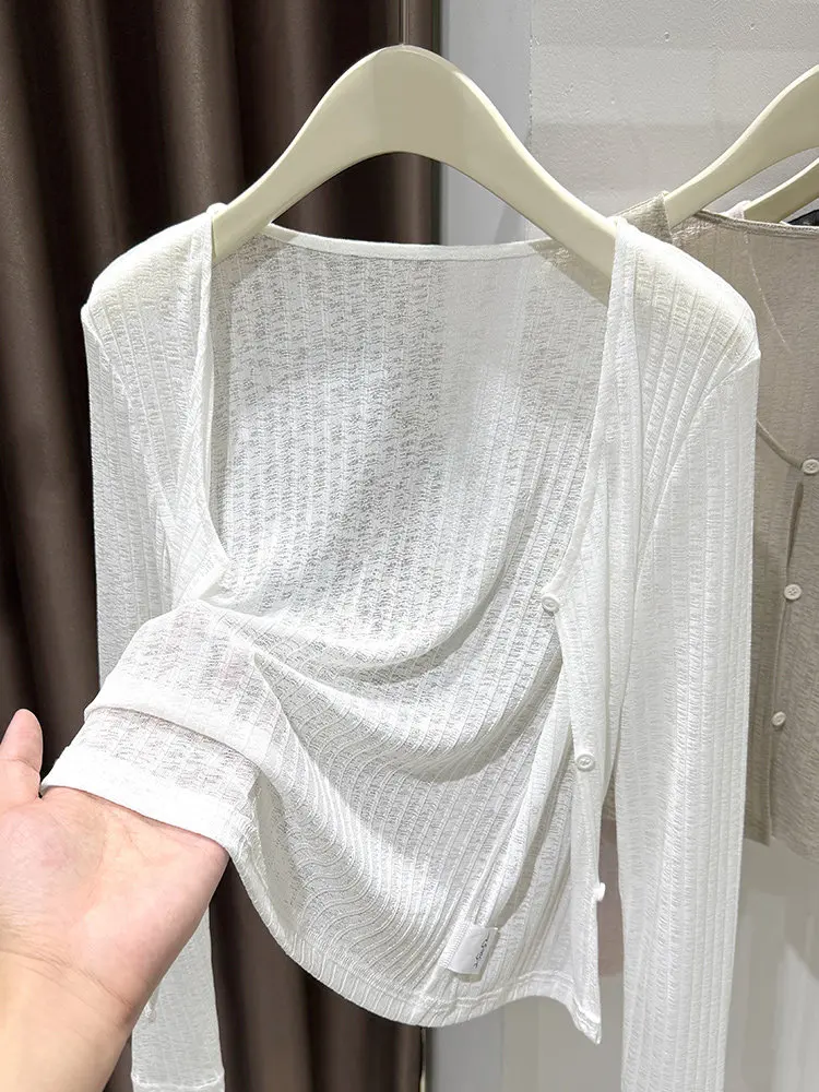 

Женский вязаный кардиган из ледяного шелка с вырезами, весна-лето, тонкая накидка для кондиционированных помещений