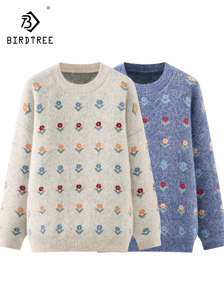 

New 2025 Winter Cotton Blending Sweater, Women O Neck Floral Jacquard, Mori Girl Versatile Loose Knit Pullover Sweater T5D453CC