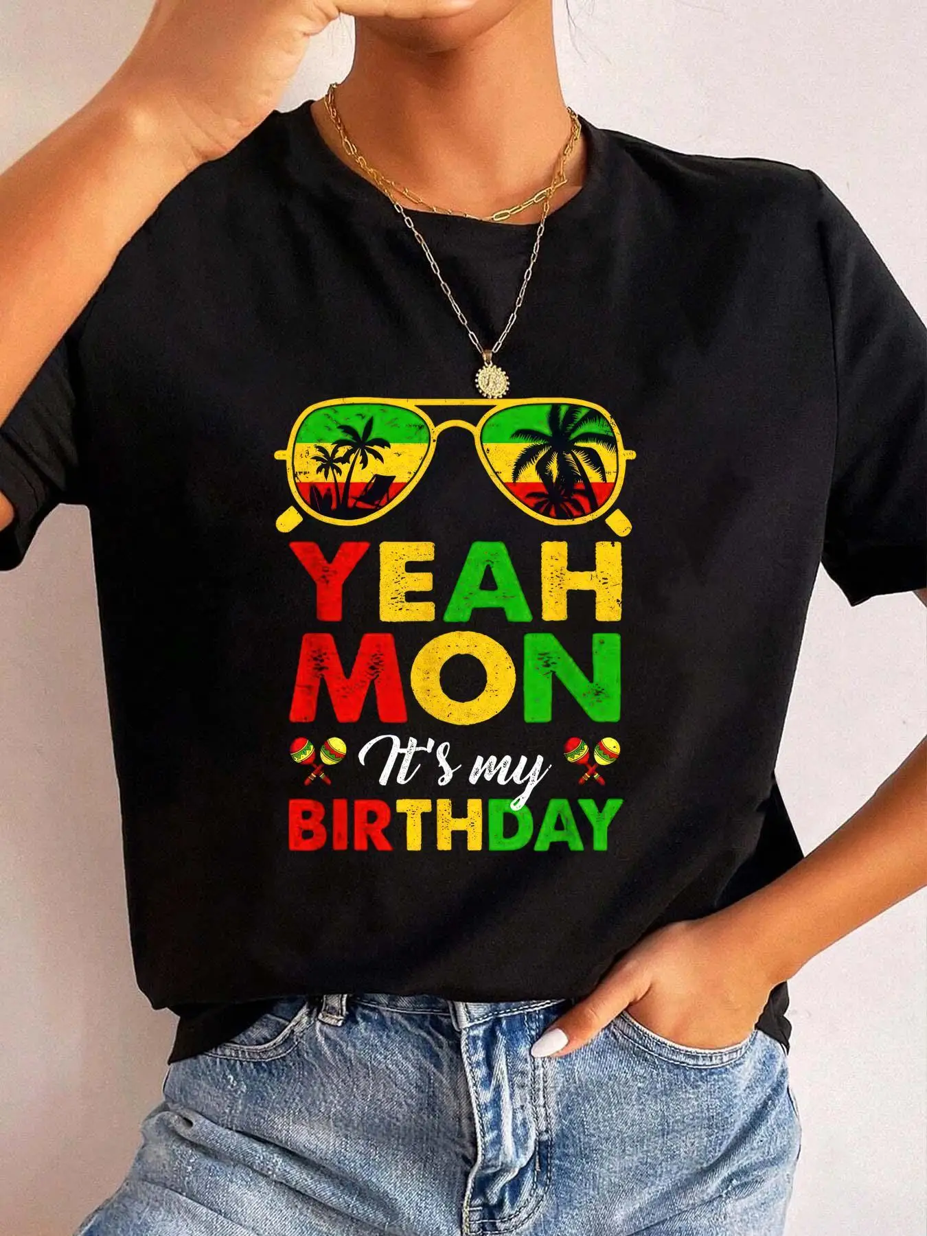 Women Yeah Mon Graphic Tee Casual Crew Neck Summer Tshirt Fun Palm Tree Sunglasses Design Lightweight Polyester Fashion Top