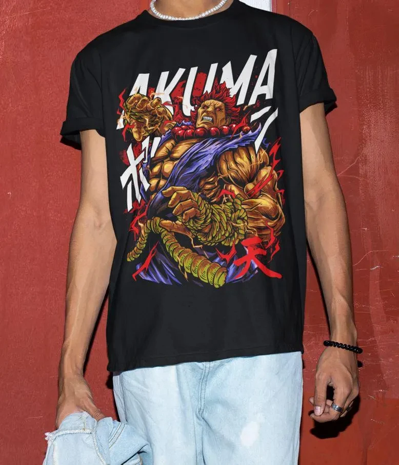 تي شيرت Street Fighting Akuma بنمط مطبوع ممتاز للرجال والنساء، بلوزة فضفاضة مريحة من القطن الخالص للصيف