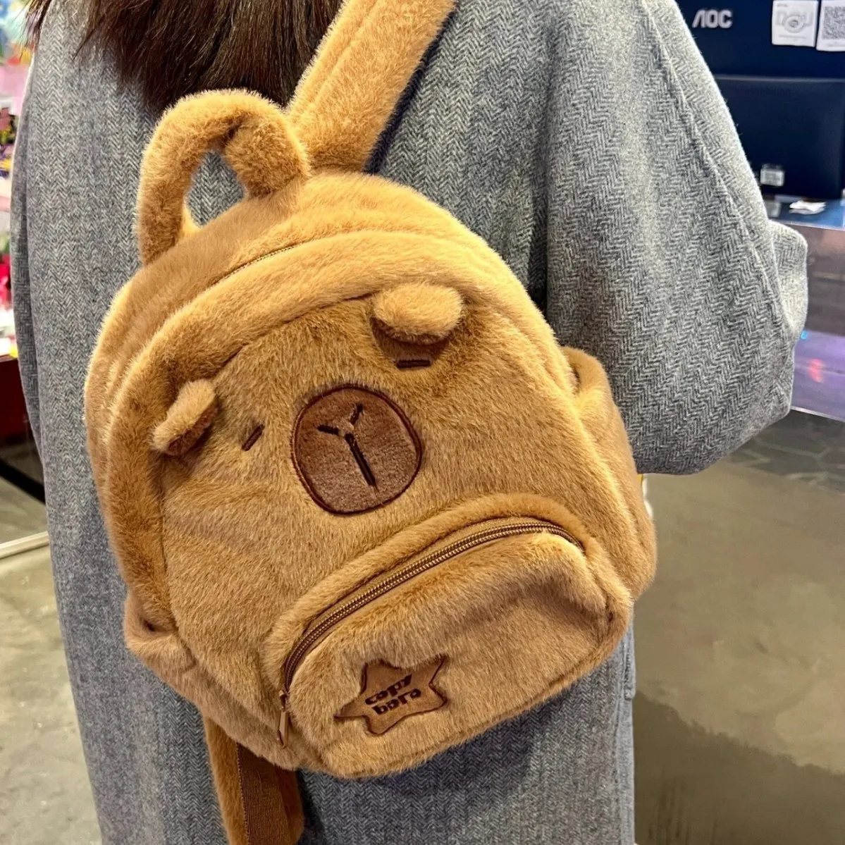 Estudante saco de escola capibala pelúcia capivara saco casual all-match saco de pele grande capacidade mochila saco de escola