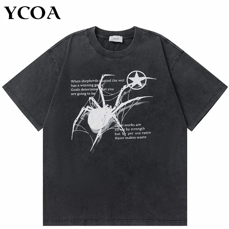 Men T-Shirt Streetwear Hip Hop Oversized Y2k Washed Black Spider Graphic Harajuku Gothic Vintage Cotton Tops Tees Loose Clothes