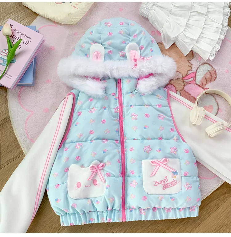 Original Japanese Soft Girls Kawaii Rabbit Ears Parkas Daughters Winter Cute Printed Bow Warm Thickened Hooded Jacket Coats