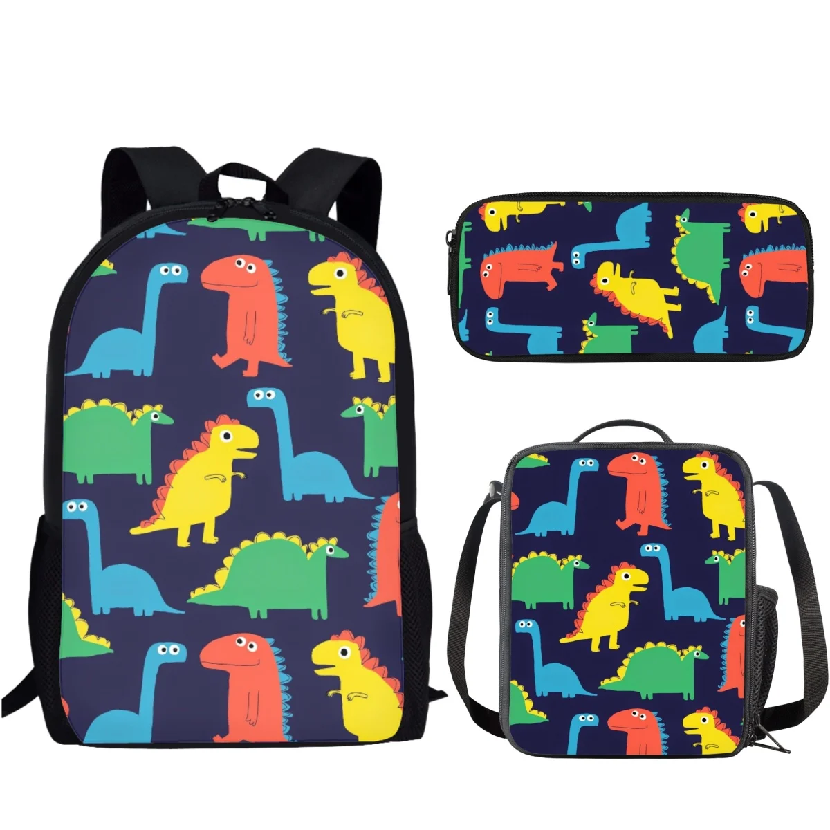 3Pcs/Set Funny Cartoon Dinosaur Printed Student Book Bag Large Capacity School Bag for Boys Girls with Lunch Bag Pencil Bag