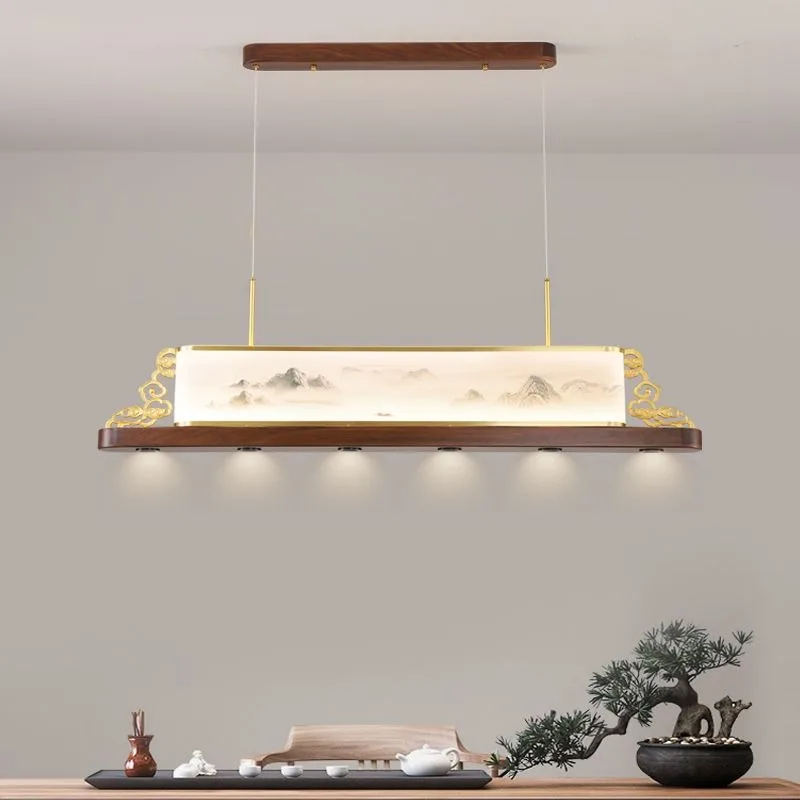 New Chinese style tea room walnut pendant lamp landscape Zen design tea table counter all copper long strip lamp