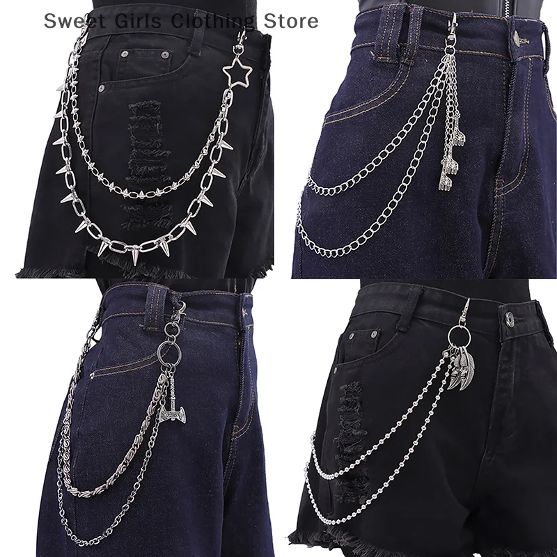 

Двуглавая цепочка для брюк с заклепками и пентаграммой для мужчин и женщин, многослойная поясная цепочка, модная металлическая цепочка для брюк в стиле хип-хоп, панк, подарки