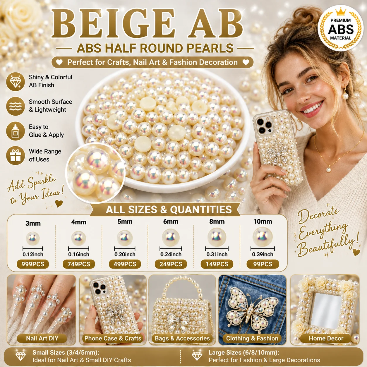 ABS Half Round Flatback Pearls Beige AB Dark.Pink AB Lt Lt Purple AB Lt Sapphire AB Dark.Green AB 3-10mm 99-999PCS for DIY Nail