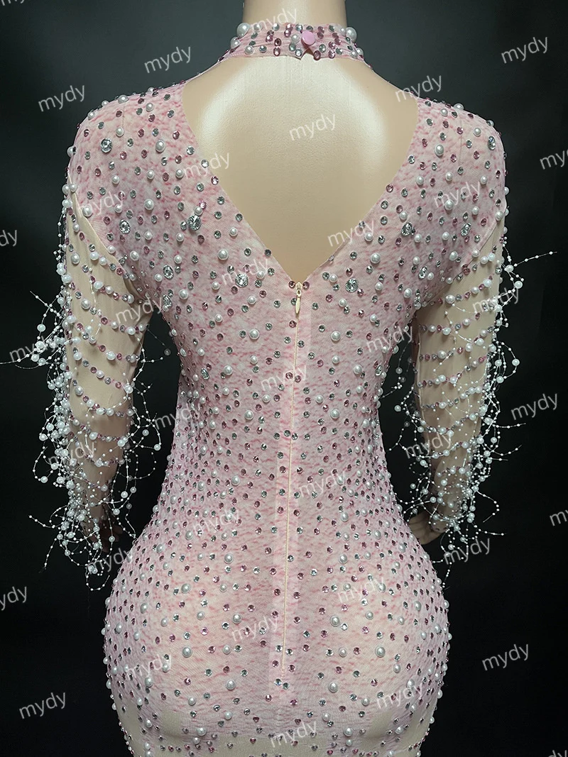 Luxus Sängerin Auto Modell Tanz Wasser Diamant rosa lange Abendkleid Feder Perlen Bühne Performance Kostüm