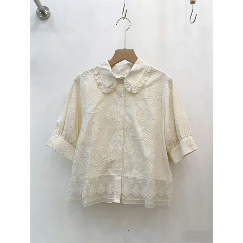 

Korean Style Short Sleeve Embroidered Lace Floral Trim Patchwork Women's Shirt Breathable Skin-Friendly Summer New Arrival