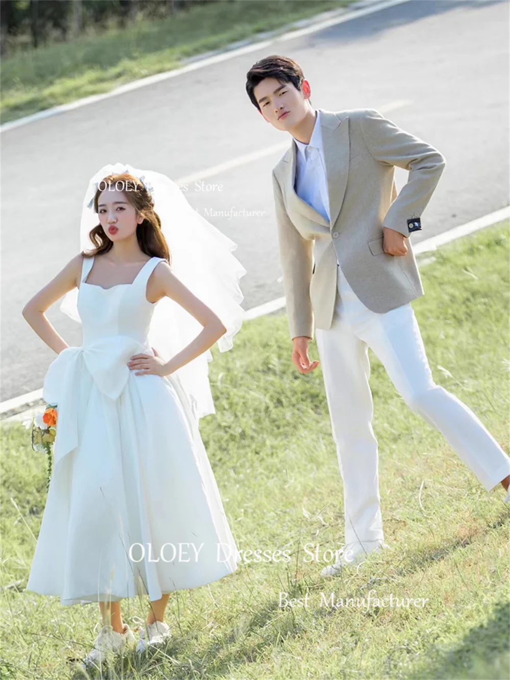 OLOEY Korea Simple Wedding Dresses Photoshoot Square Collar A-Line Mid-Calf Length Satin Bridal Gowns Corset Back Custom Made