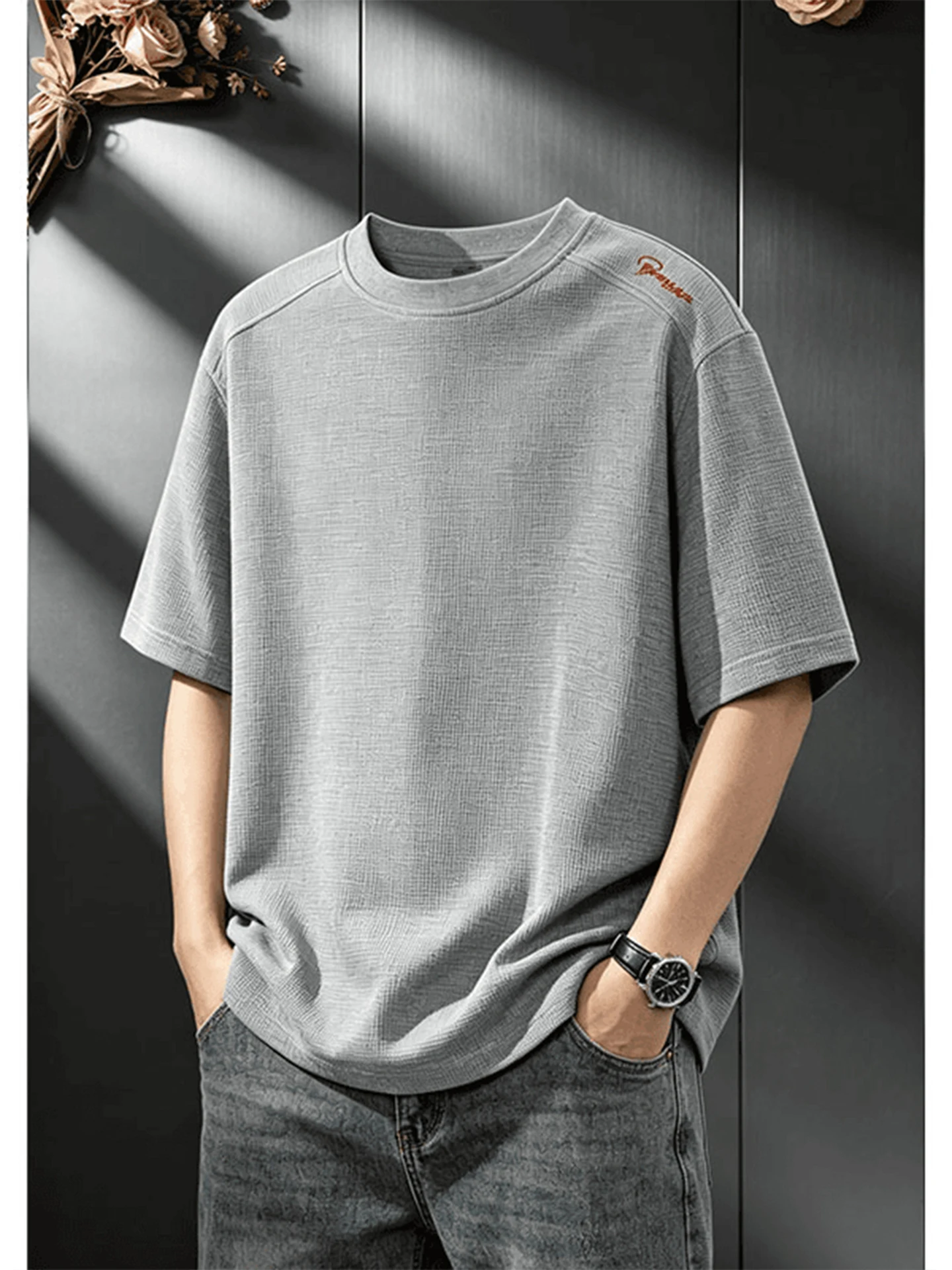 Light Grey Embroidered Waffle Short Sleeve Men's Summer Textured Breathable Heavyweight American Style Shoulder T-Shirt