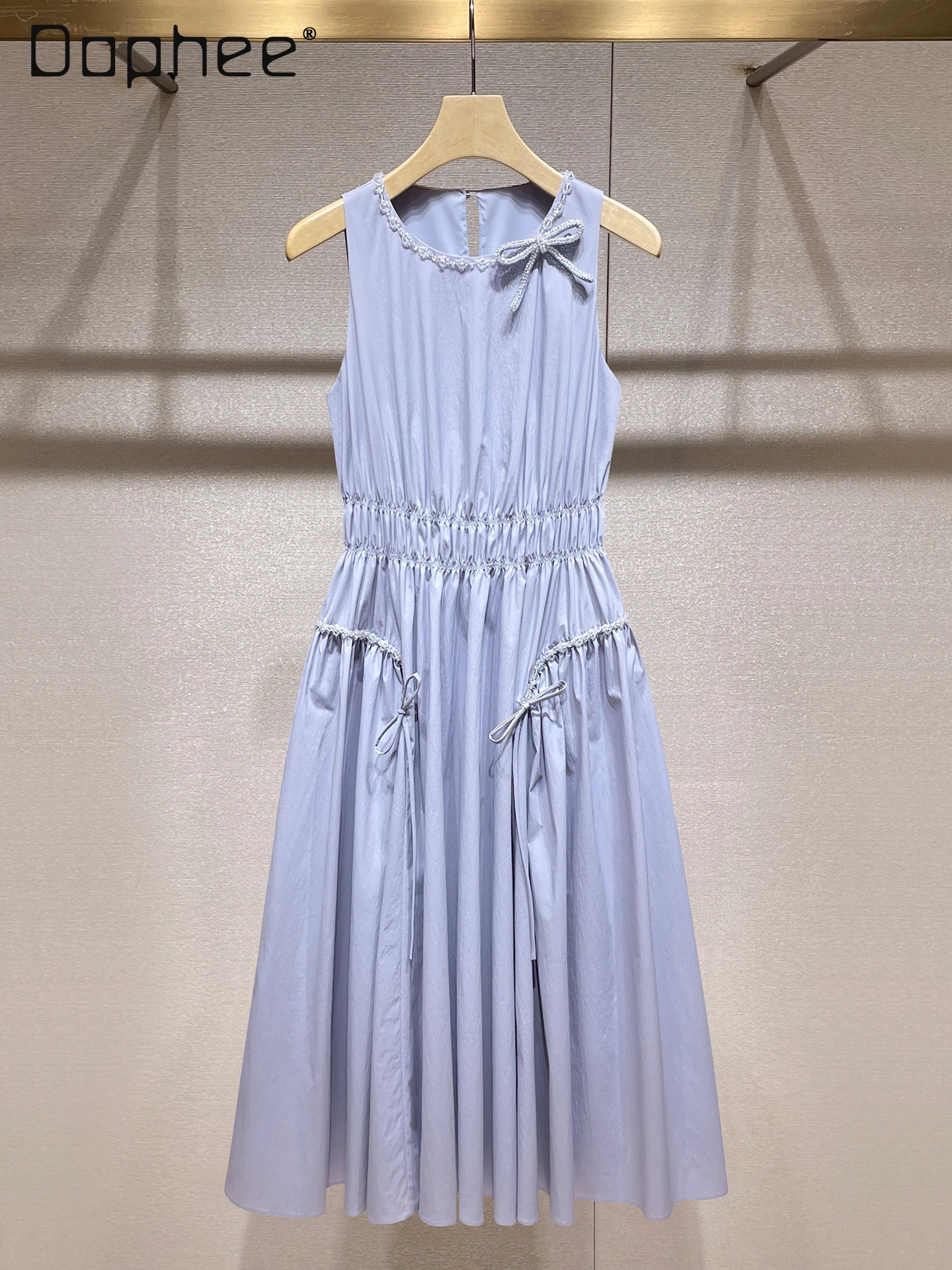 

French Celebrity A-line Dresses Elegant Temperament Heavy Industry Bead Bow High Waist Slim Sleeveless Mid-length Dress Women