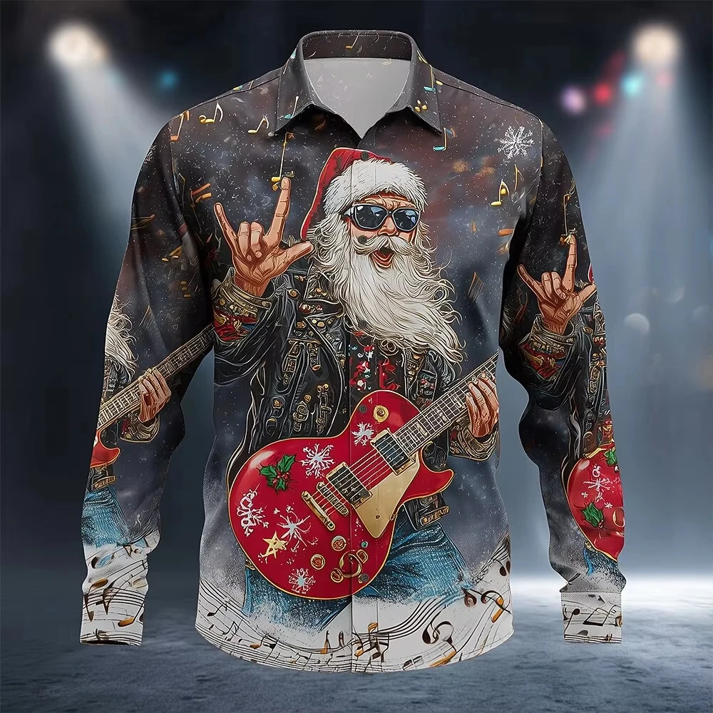 

Мужская рождественская рубашка в стиле рок-звезды с гитарой Санта-Клауса, 3D-принтом, весна на пуговицах с длинными рукавами