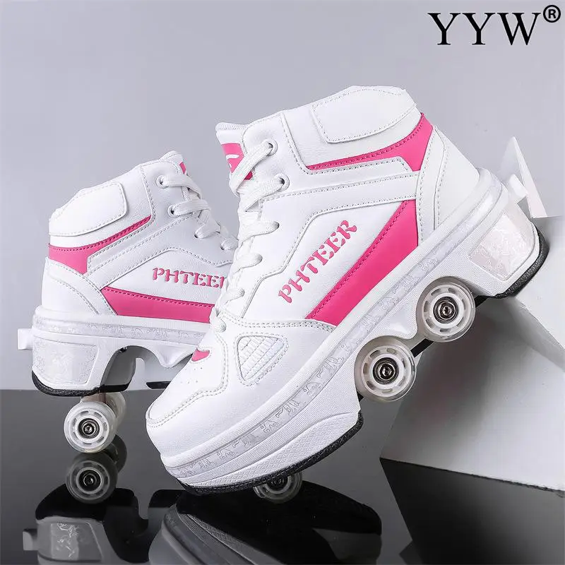 Pu Leather Adult Sport Roller Skate Shoes Casual Deformation Parkour Sneakers Skates With 4-Wheel For Rounds Children Of Running