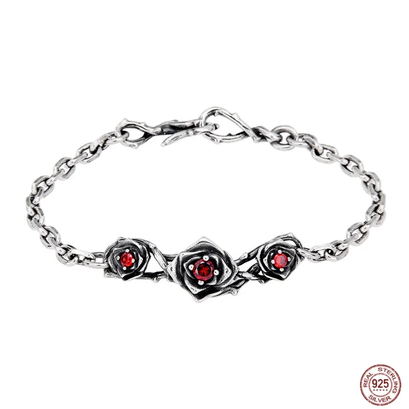 

Dark Wind s925 Silver Zircon Thorn Rose Bracelet Men's and Women's Retro High Jewelry Valentine's Day Gift