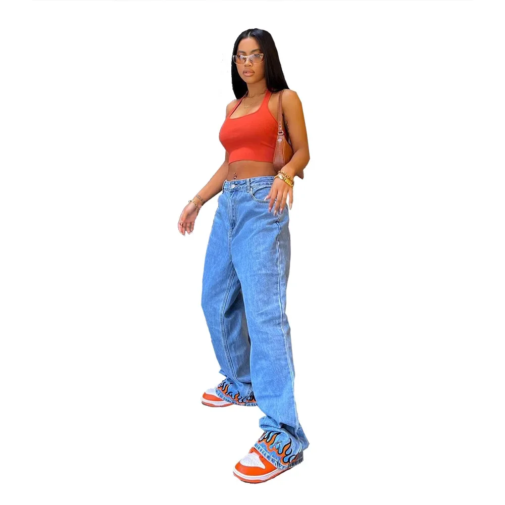 Blue Denim Flame Print Streetwear Loose Jeans Zipper High Waist Bad Guy Clothes Straight Leg Pants Ladies Pocket Trousers