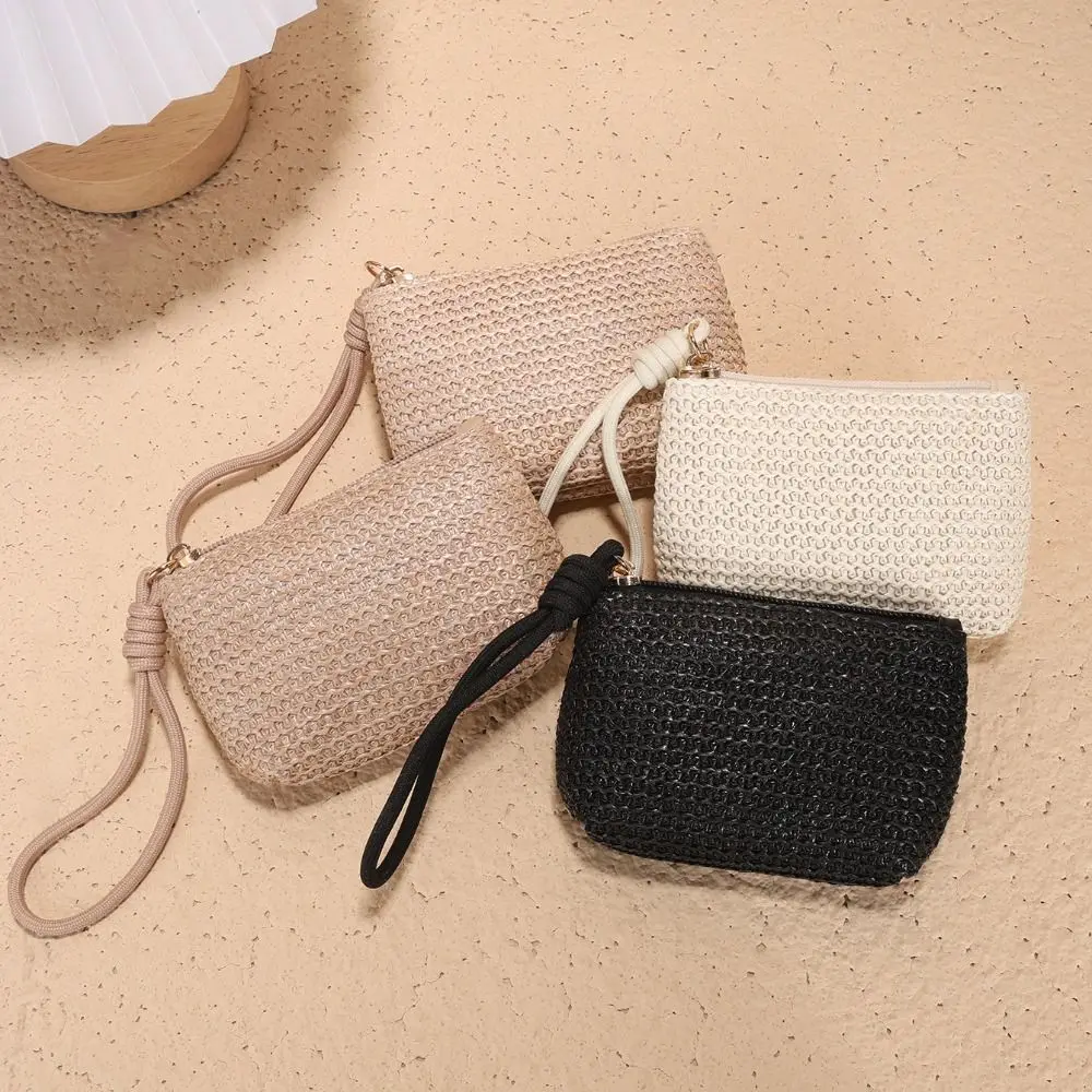 Durable Straw Wallet Mini Zipper Coin Purse Card Holder Women Girls