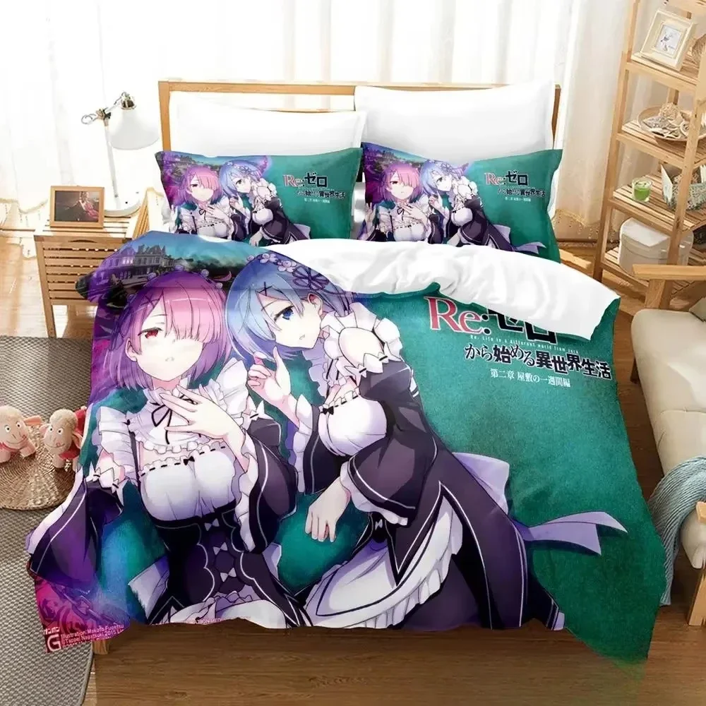 3D Anime Re Zero Rem Ram Emilia Bedding Set Duvet Cover Bed Set Quilt Cover Pillowcase Comforter king Queen Size Boys Adult