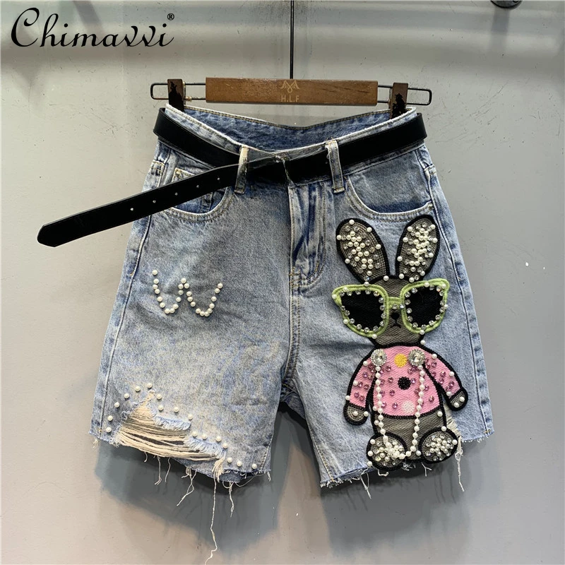 

Original 2024 Summer New European Ripped Beaded Cartoon Shorts Fashion Patch High Waist Slim Streetwear Denim Straight-Leg Pants