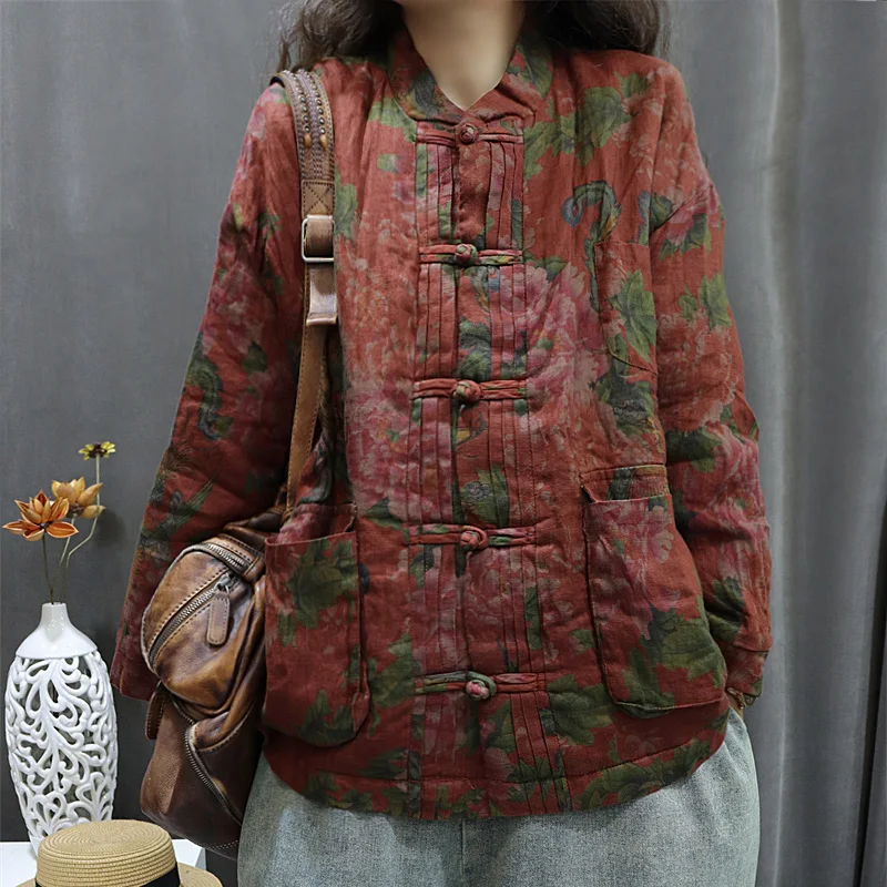 

Authentic 2025 Winter New Retro Distred Linen Print Cotton Jaet Loose Casual Cottonwear Ele Lady Commute Sle