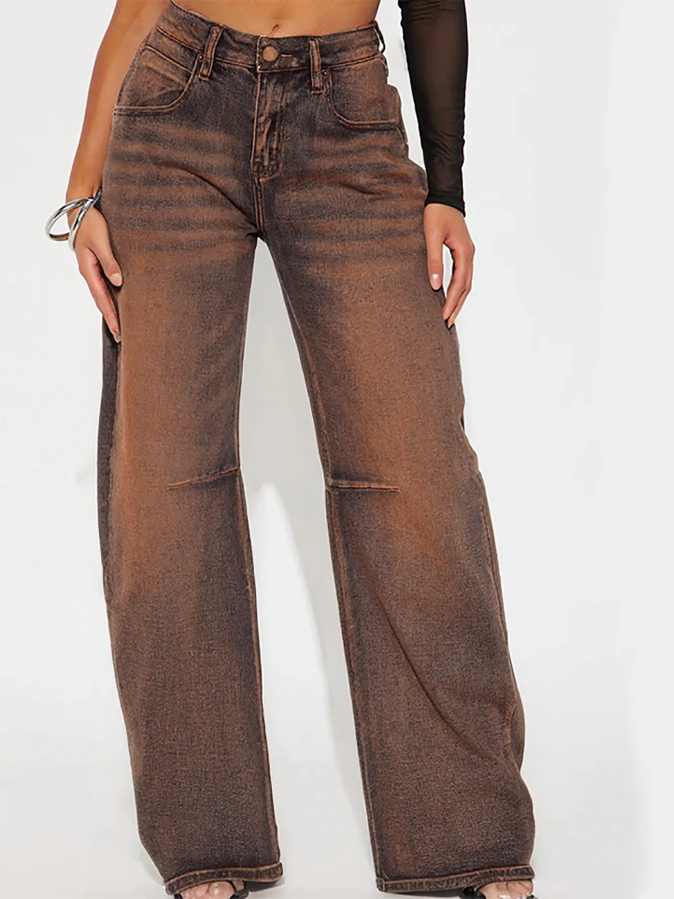 Jeans Women Vintage Washed Distressed Straight Pants Streetwear Pockets Denim Trousers Button Long Pant Casual Lady 2025 Autumn
