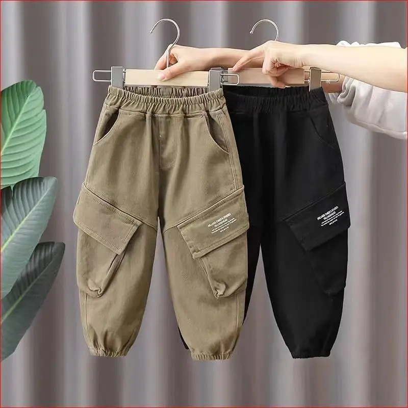 Spring Autumn Children's Cargo Pants Solid Color Loose Big Pockets Trousers Kids Boys all-match Casual Pants