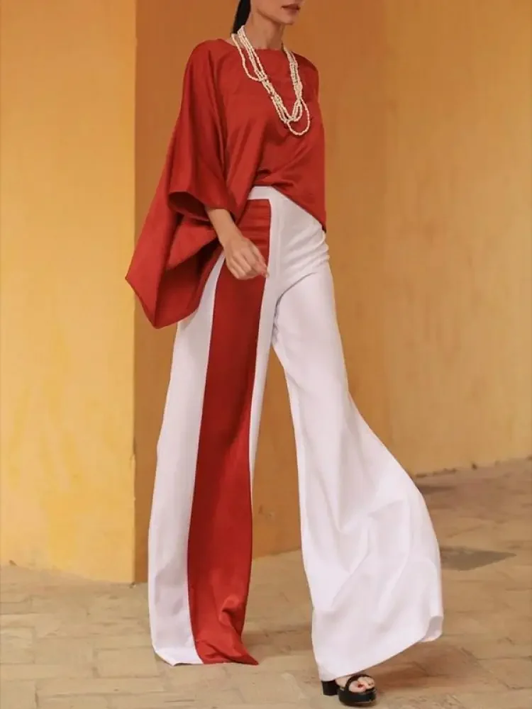 Lemongor 2024 New Female Casual Two Pieces Sets Solid Color Batwing Sleeve Tops & Fashion Striped High Waist Wide Leg Pants Suit