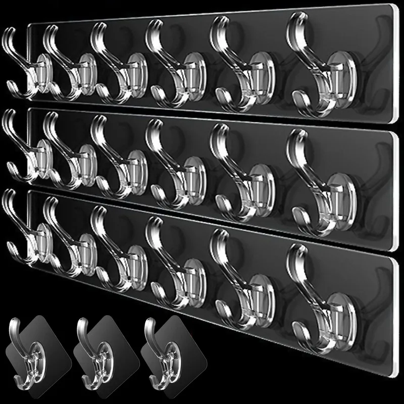 

6 Hook Rows Transparent Adhesive Hooks for Bathroom Wardrobe Storage Clothes Hats Household Kitchen Storage Racks Accessories