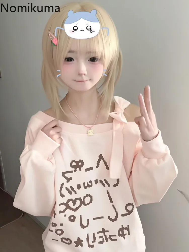 

Japanese T Shirts Women's Oversized Tops Long Sleeve Off Shoulder Tees Sweet Camisetas Y2k Tops Cute Fashion Cartoon T-shirts