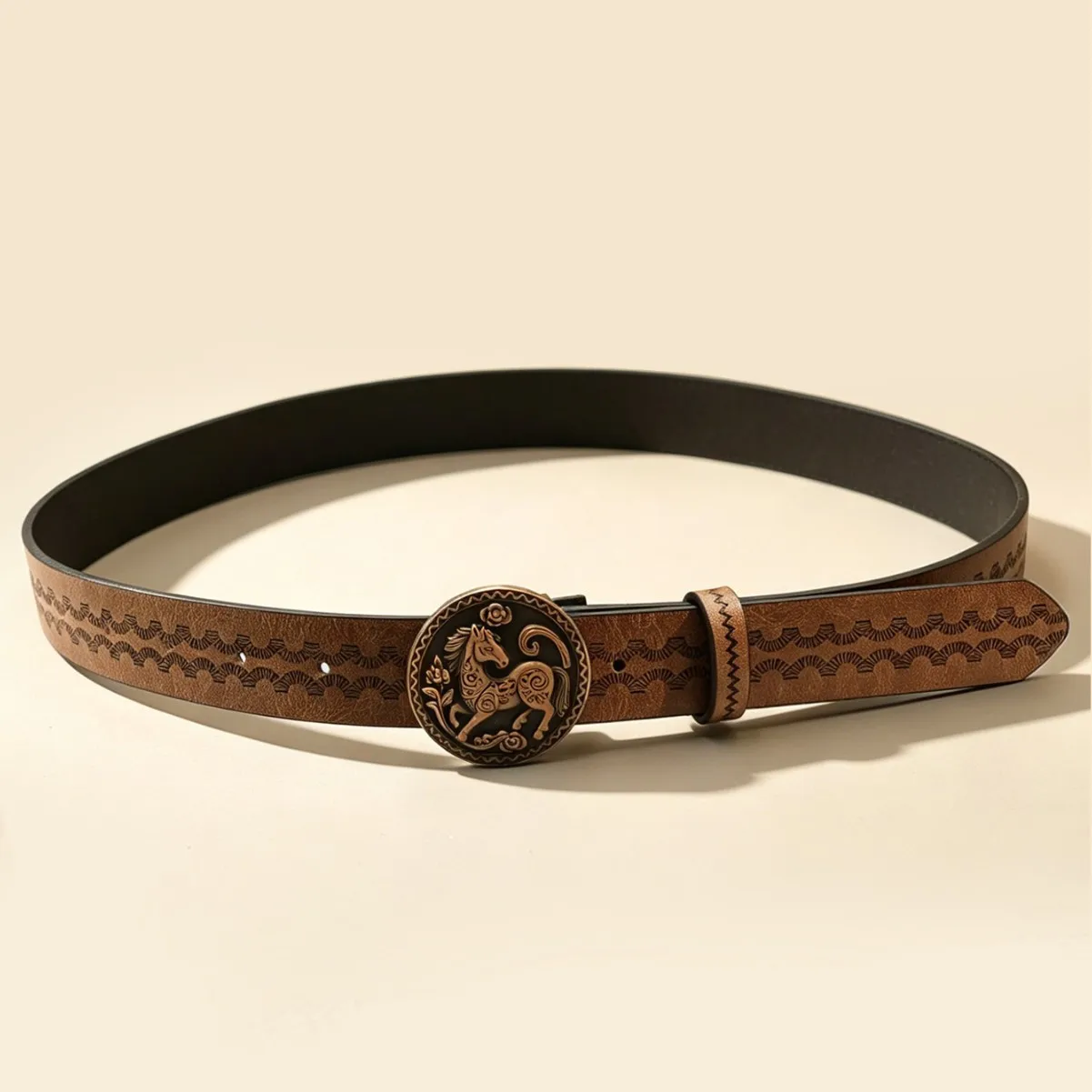 Vintage Western Cowboy Horse Round Buckle PU Belt Cinturon Women Embossed Ethnic Decorative Waist Belt For Jeans Dresses