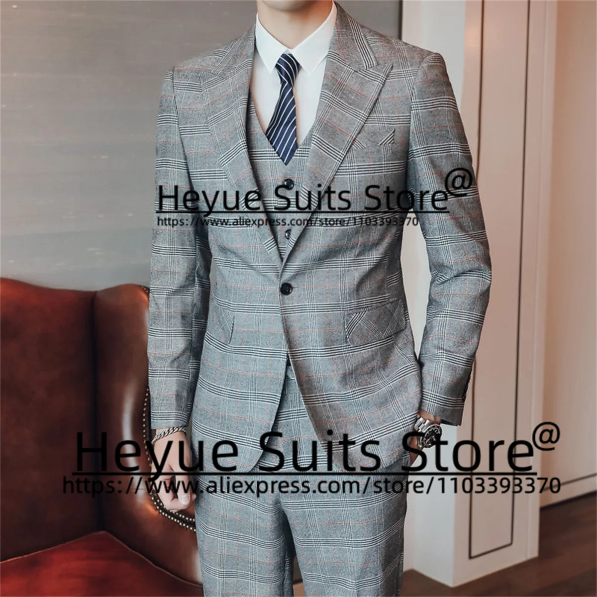 Luxuly Classic Plaid Wedding Suits For Men Slim Fit Peak Lapel Groom Formal Tuxedos 3Pcs Sets Business Male Blazer Costume Homme