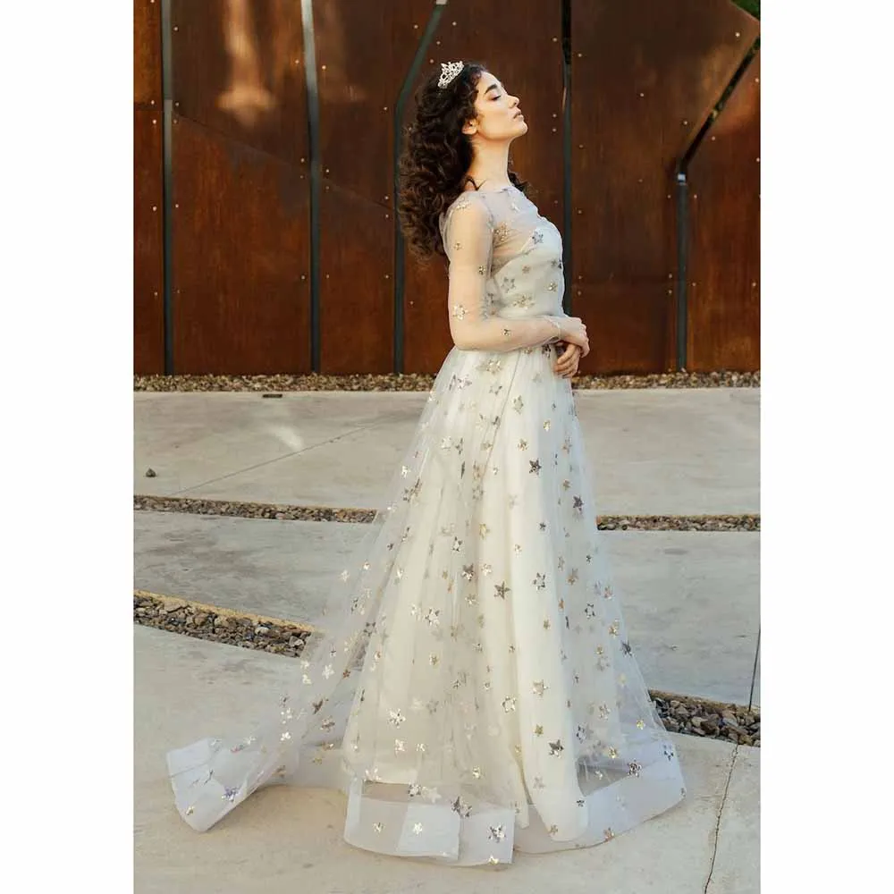 KSDN-Robe de soirée princesse blanche à manches longues et col rond pour femme, tenue élégante, longueur au sol, pour fête d'anniversaire, luxe