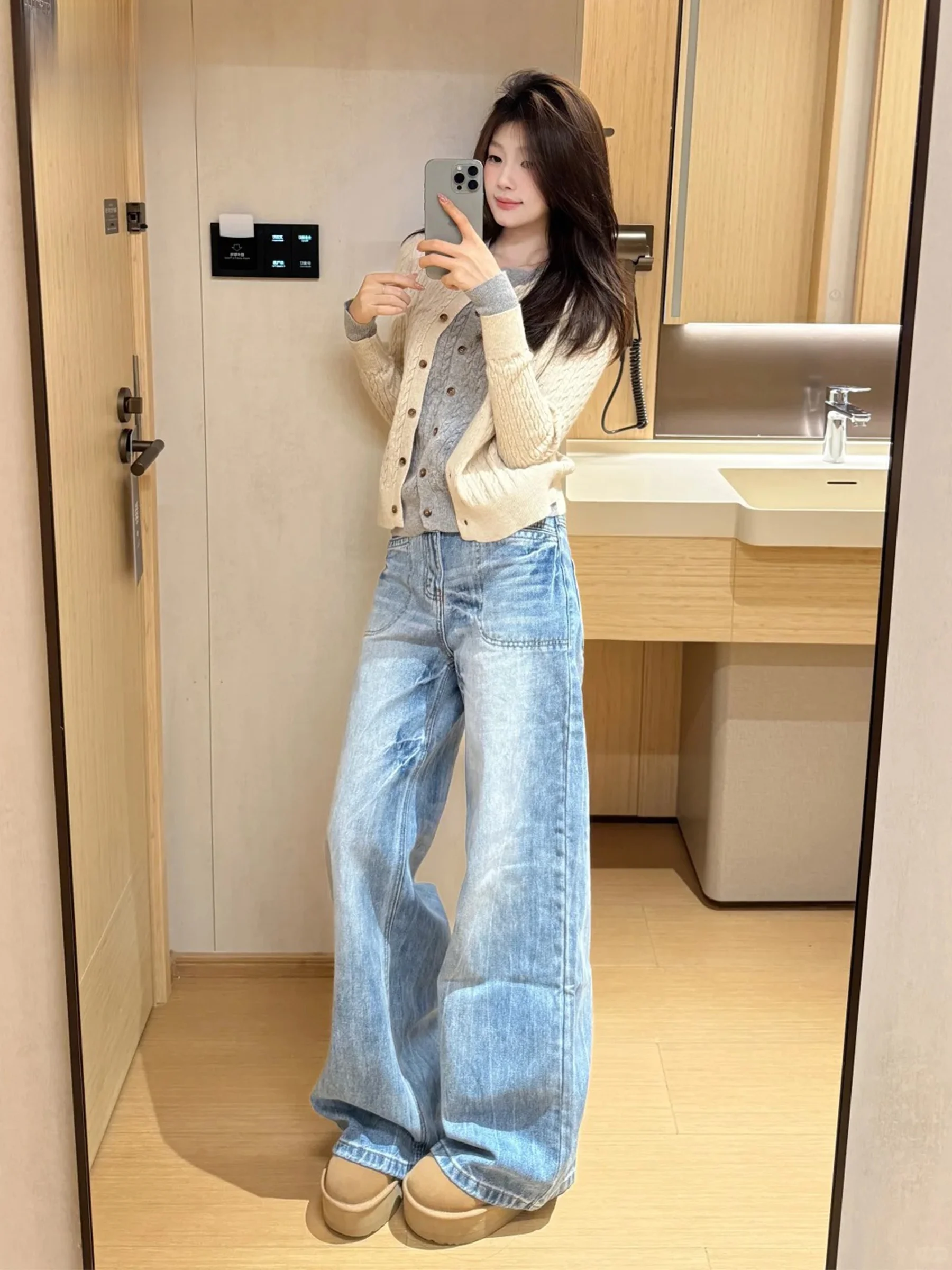 

Blue American High Street Wide Leg Jeans Women's Summer Slimming Straight Leg Pants Loose Fit High Waist Casual Jeans
