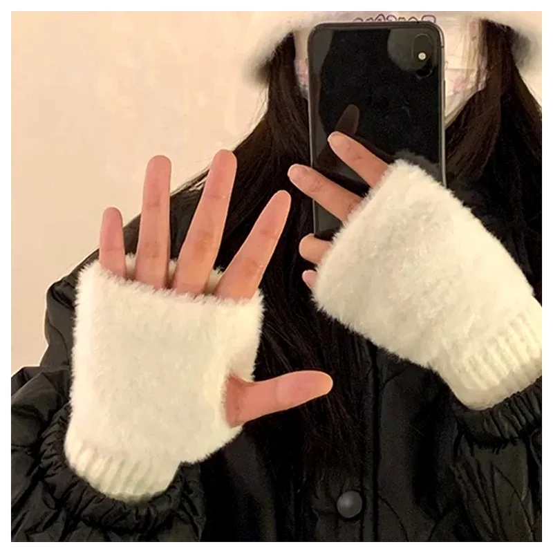 Office And Student Style Cold-Proof Soft Plush Cute Imitation Mink Fur Gloves Half-Finger for Women's Autumn Winter Warm