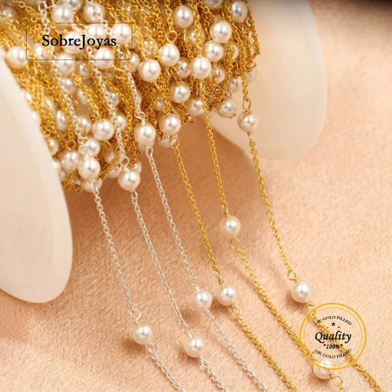 

14K Gold Filled White Pearl Chain 1 Meter Beaded DIY Necklace Unfinished Bulk Chain for Jewelry Making