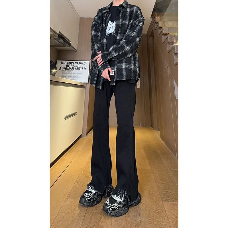 

Cleanfit Bla Утягивающие джинсы с высокой талией Мужские брюки High Street Sle из потертого хлопка с прямыми штанинами и потертым краем