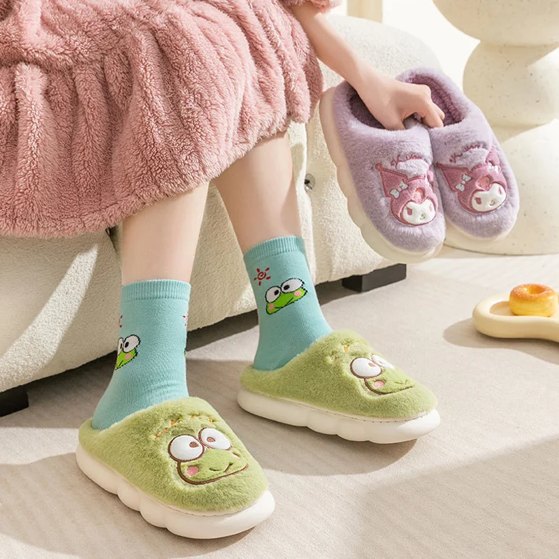 

Kawaii Sanrios Kuromi Cinnamoroll Kero Kero Keroppi Winter Slippers Shoes Plush Cotton Indoor My Melody Warm Kids Christmas Gift