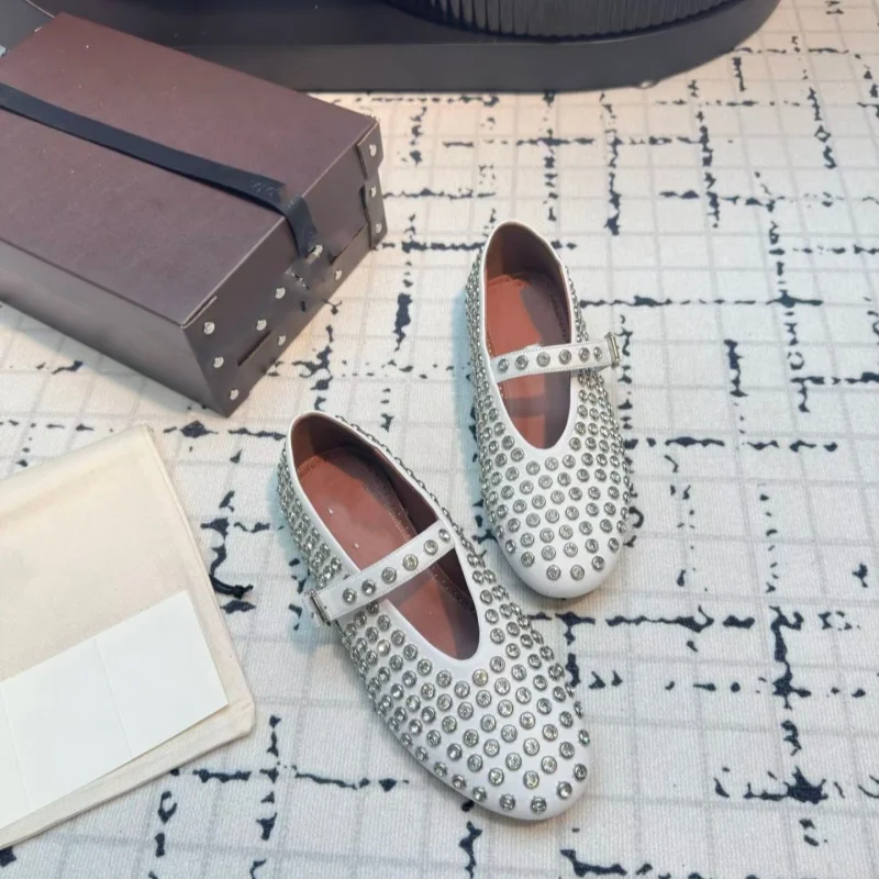 

New Store New Round Toe Genuine Leather Women's Shoes Rhinestone Rivets One-word Buckle Flats Shoes Sheepskin Full Diamond Design Ballet Flats