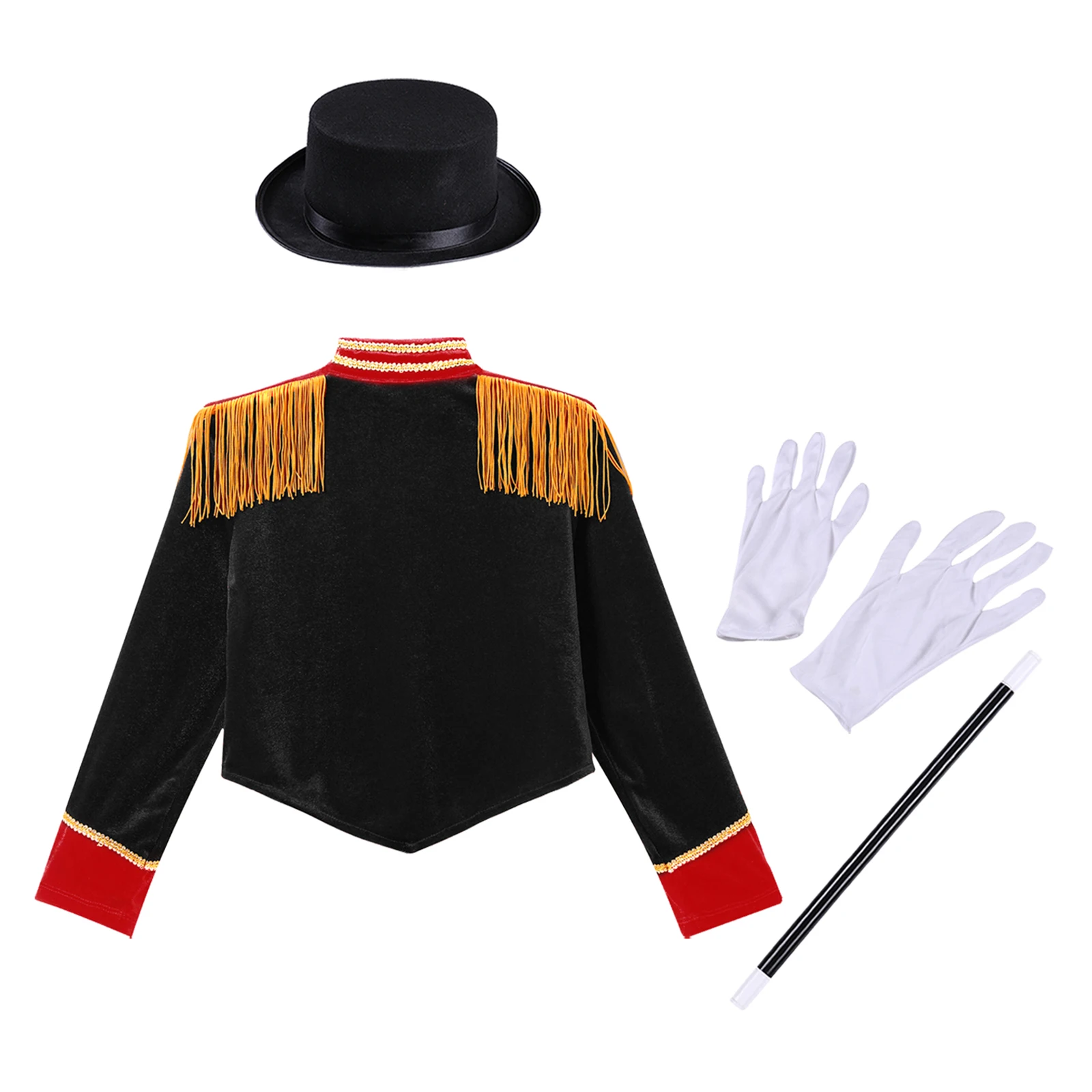 Kids Girls Circus Ringmaster Costume Set Magician Long Sleeve Tassel Jacket Coat with Hat Magic Wand Halloween Cosplay Dress Up