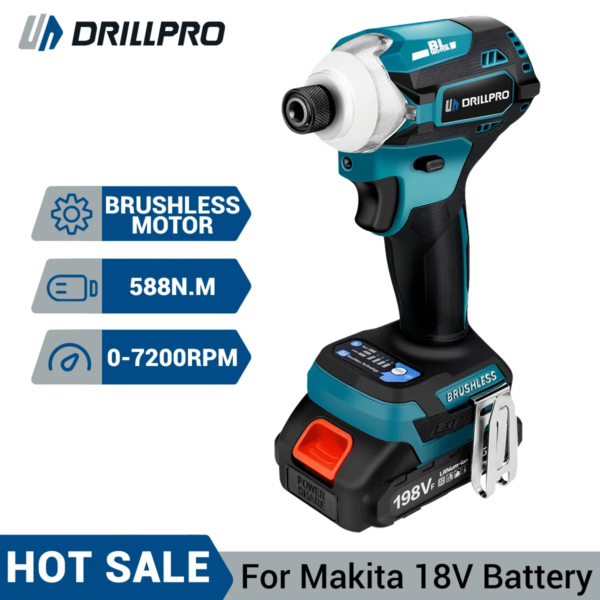 Drillpro 588N.m 1/4 Inch Cordless Brushless 4-Speed Electric Drill Screwdriver Impact Driver Power Tool for Makita 18V Battery