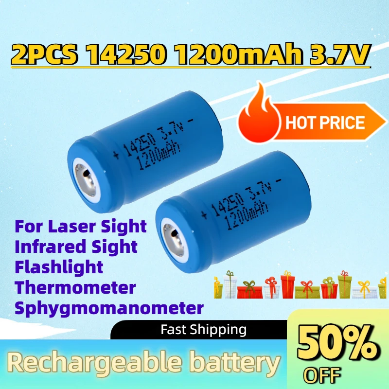 2PCS 14250 1200mAh 3.7V Li-Ion Rechargeable Battery for Laser Sight Infrared Sight Flashlight Thermometer Sphygmomanometer