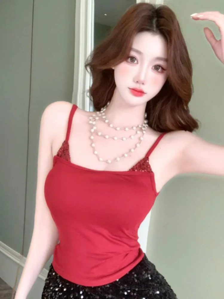 

Spring New Sexy Sequin Backless Crop Top Women Slim Fit Base Layer with Chest Pad Short Style Sexy Girl Short Shirt