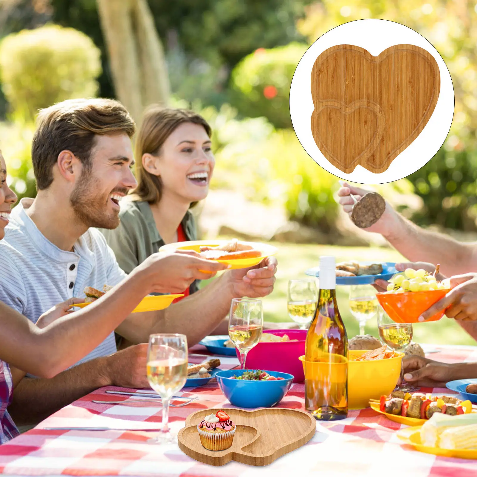 Double Heart Bamboo Serving Tray – Fruit Platter, Decorative Key Tray for Valentine’s Day & Wedding