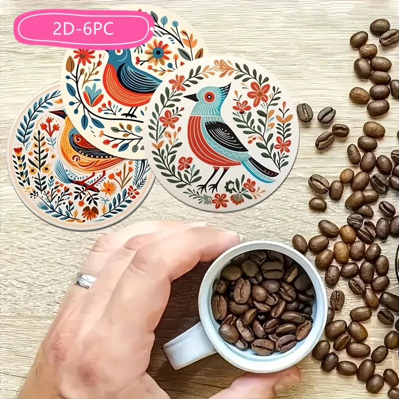 6 Pieces 2D Wooden Coasters Bohemian Bird and Flower Pattern Theme Desktop Heat Mats Home Decor Coffee Cup Coasters Office