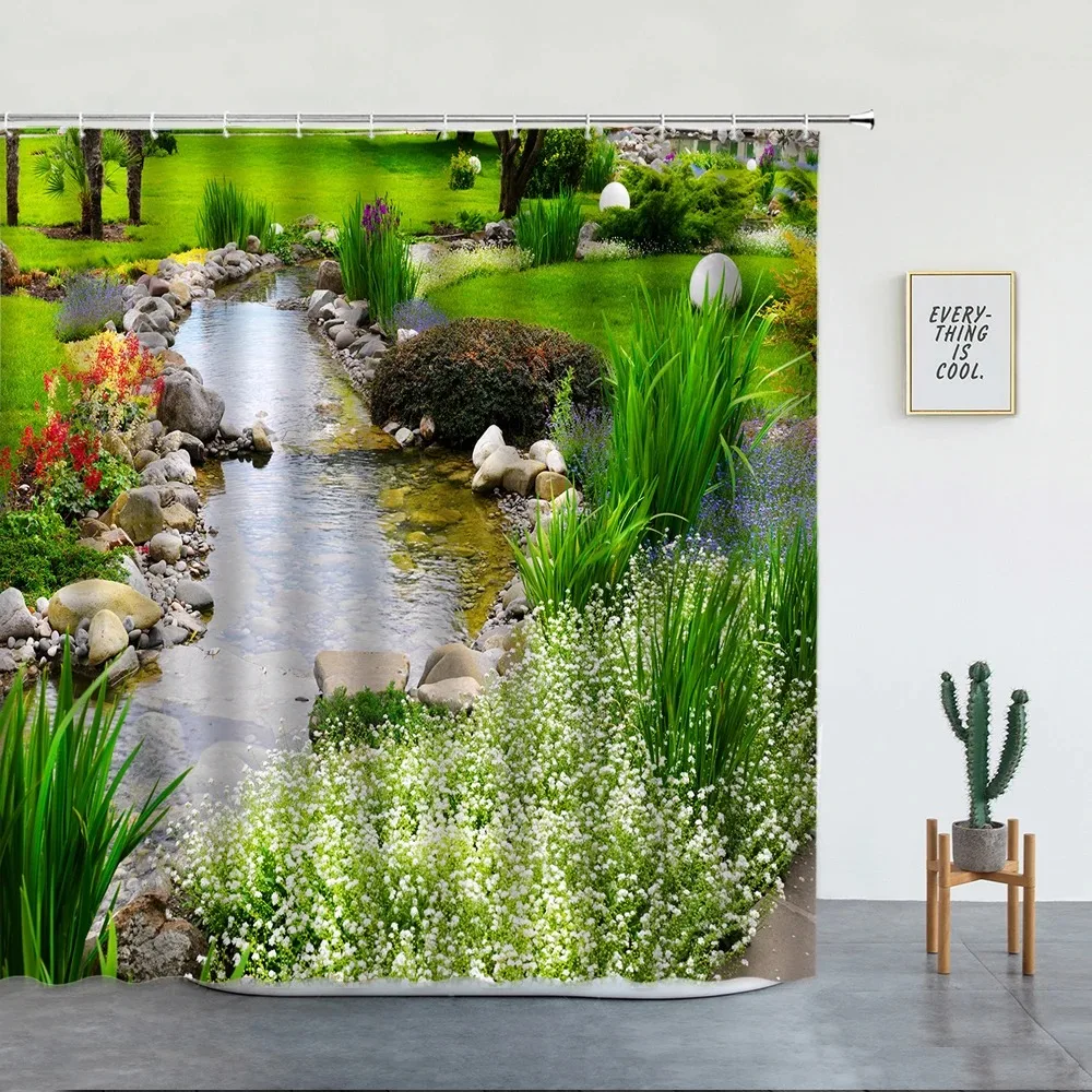 Spring Park Nature Flowers Plants Shower Curtains Set Tropical Forest Trees Landscape Polyester Fabric Bathroom Decor with Hooks