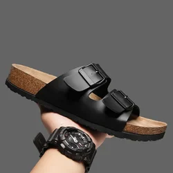 2024summertime New Leather Birkenstok Cork Flip-flops Male Couple Retro Summer Wear Muller Slippers Fashion Casual Beach Sandals