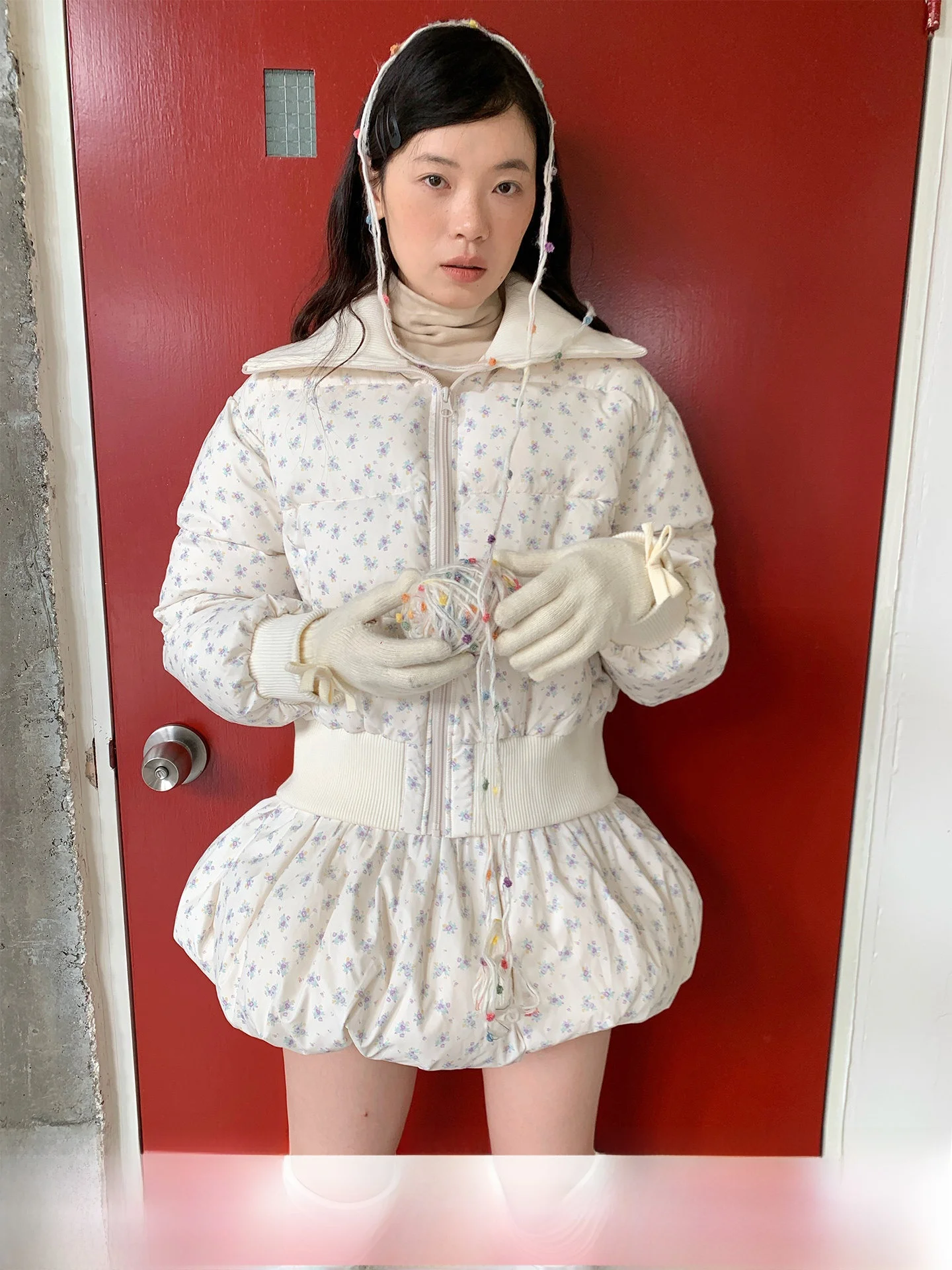 

SOOMIE Purple Floral Lightweight Warm 90 White Du down Jaet Skirt Set Women's Outerwear Two-Piece Suit Cute Sle