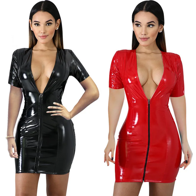 Women Dresses 2026 colorful zipper deep V-neck four-sided elastic PU leather body-hugging mini dresses clothing vestidoes