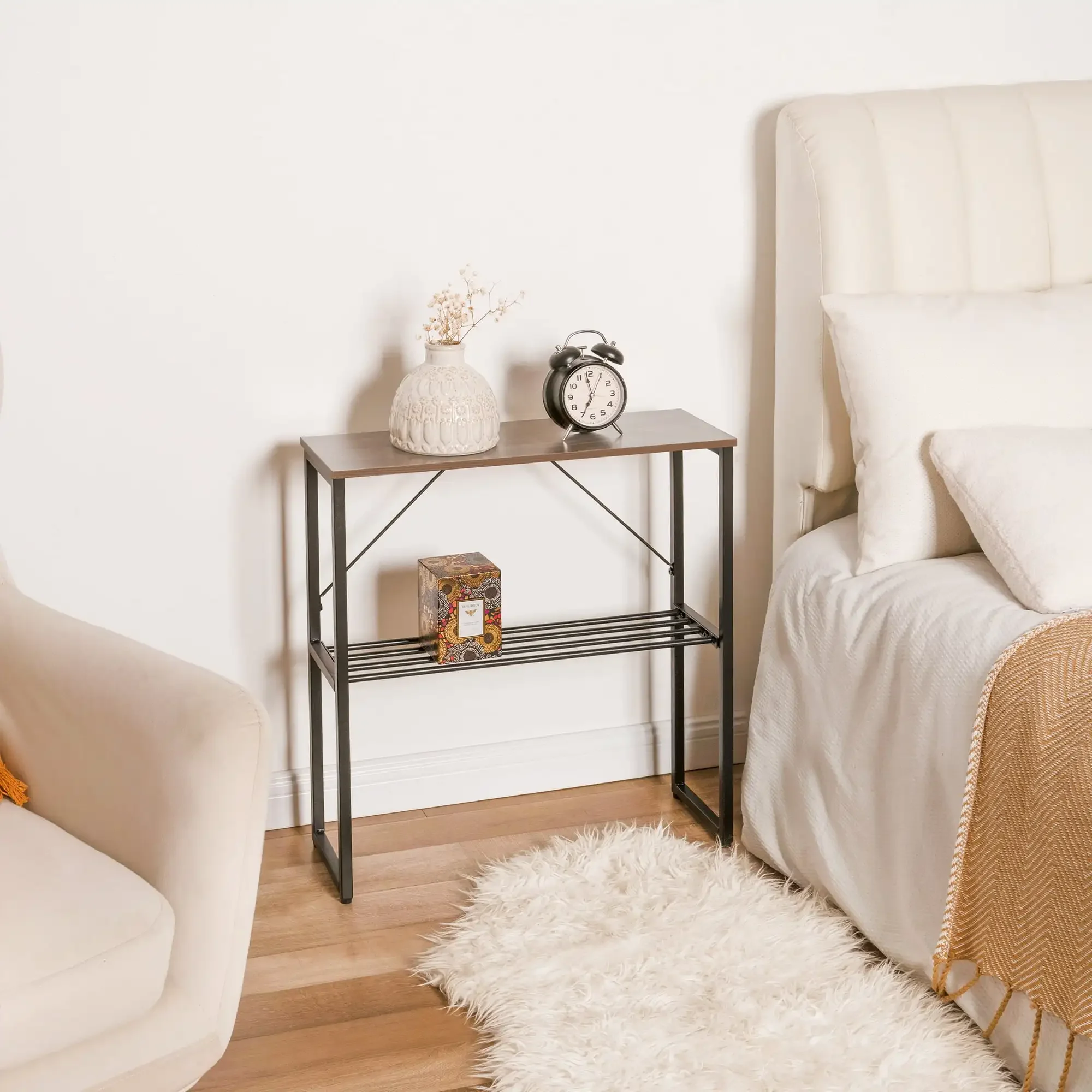 طاولة جانبية طويلة، طاولة جانبية ضيقة مع رف تخزين، بني جوزي، طاولة قهوة لطاولة جانبية لغرفة المعيشة #6