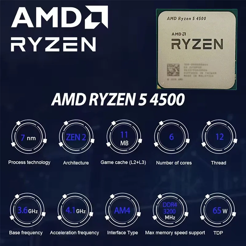 AMD Ryzen 5 4500 Naked packaging Socket AM4 6-Core 12-Thread L3=8MB DDR4 Processor 65W PCIe 3.0 7NM NEW CPU but without fan view 5